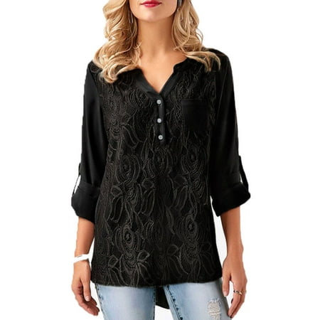 Lace Shoulder Button - Plus Size Women Long Sleeve Lace Blouse Chiffon Shirt Ladies Casual Button Tops