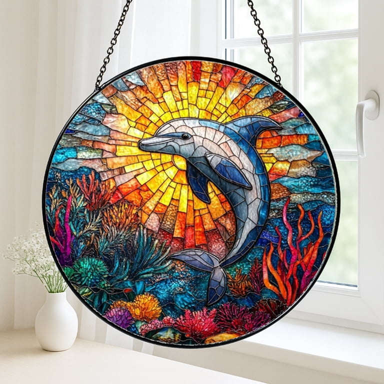 Dolphin Stained Glass Suncatcher Window Hanging, Ocean Inspired