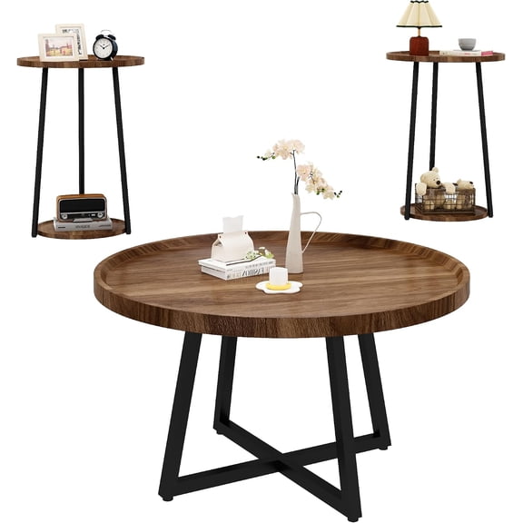 Round Coffee Table Set with 2 End Tables, 3-Piece Living Room Table Set, Walnut Finish