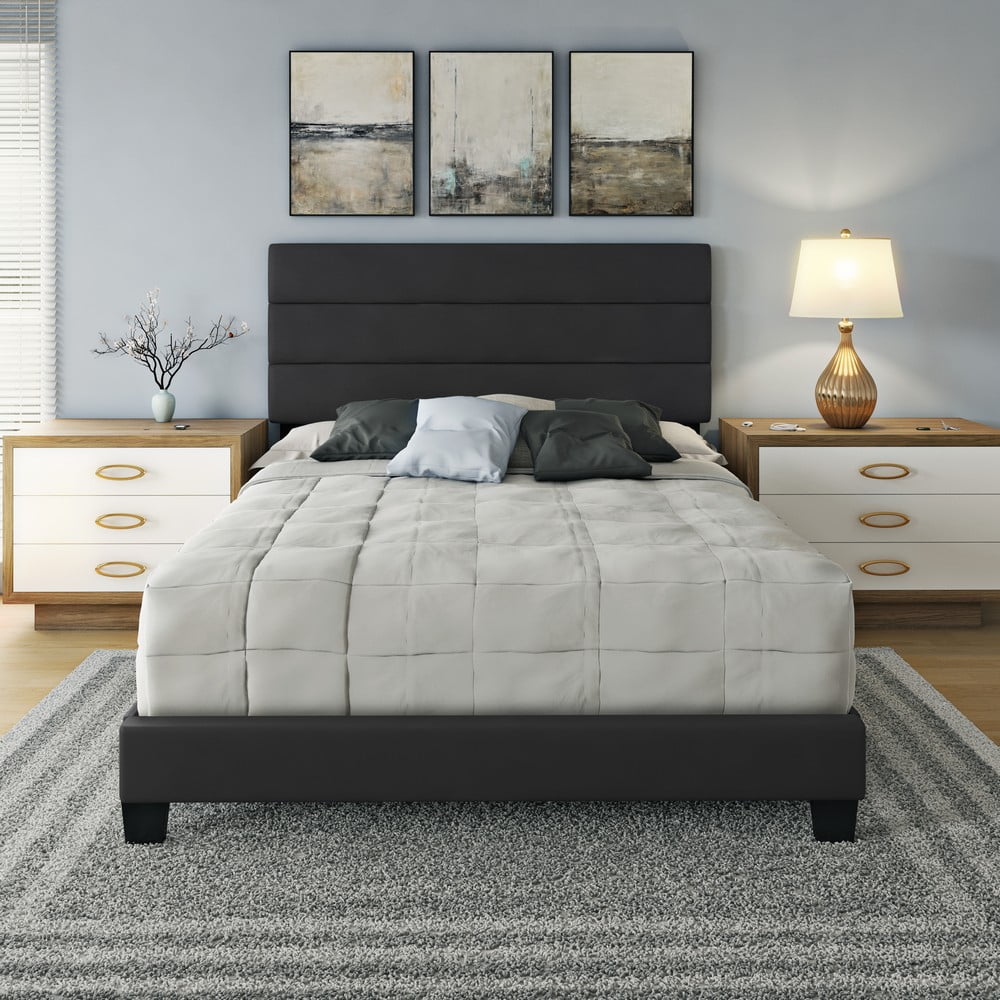 Boyd Sleep Piedmont Black Faux Leather Queen Size Fully Upholstered Platform Bed Frame with Adjustable Headboard