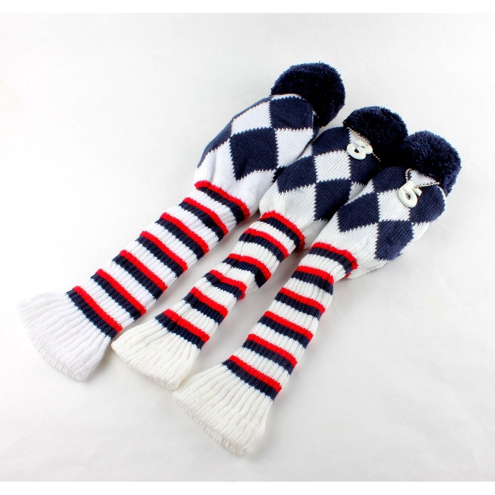 Golf Club Knit Head Cover 3pcs Headcover Set Vintange Pom Pom Sock