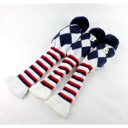 Knit Golf Club Covers - Golf Club Knit Head Cover 3pcs Headcover Set Vintange Pom Pom Sock Covers 1-3-5 dark blue&red&white