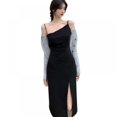thumbnail image 1 of Mode Dames Rétro Tout-Match Intérieur Irrégulière Split Slant Col Sexy Mi-Longue Bretelles Robe, 1 of 9