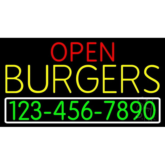 Open Burgers With Numbers LED Neon Sign 13 x 24 - inches, Clear Edge Cut Acrylic Backing, with Dimmer - Bright and Premium built indoor LED Neon Sign for restaurant window and interior decor.