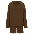 thumbnail image 3 of Women Solid Color 2 Piece Outfits Hoodie Short Set Oversized Sweatshirt Shorts Sweatsuit Pullover Fashion Casual Shorts Set,Brown Women'S Blended Shorts M, 3 of 5