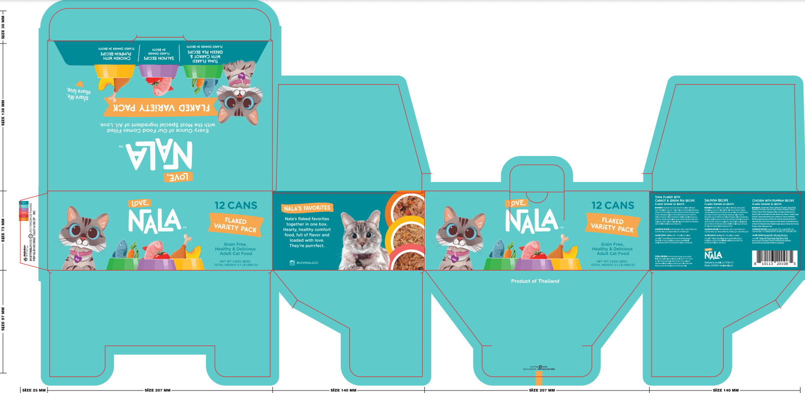 LOVE, NALA - Natural Adult Cat Wet Food - FLAKED Variety Pack - Salmon, Tuna, Chicken - Grain Free, Non-GMO, Lean Protein, Omega 3, Digestive Fiber Blend, Added Minerals & Vitamins - 12 Pack 2.4 lbs.