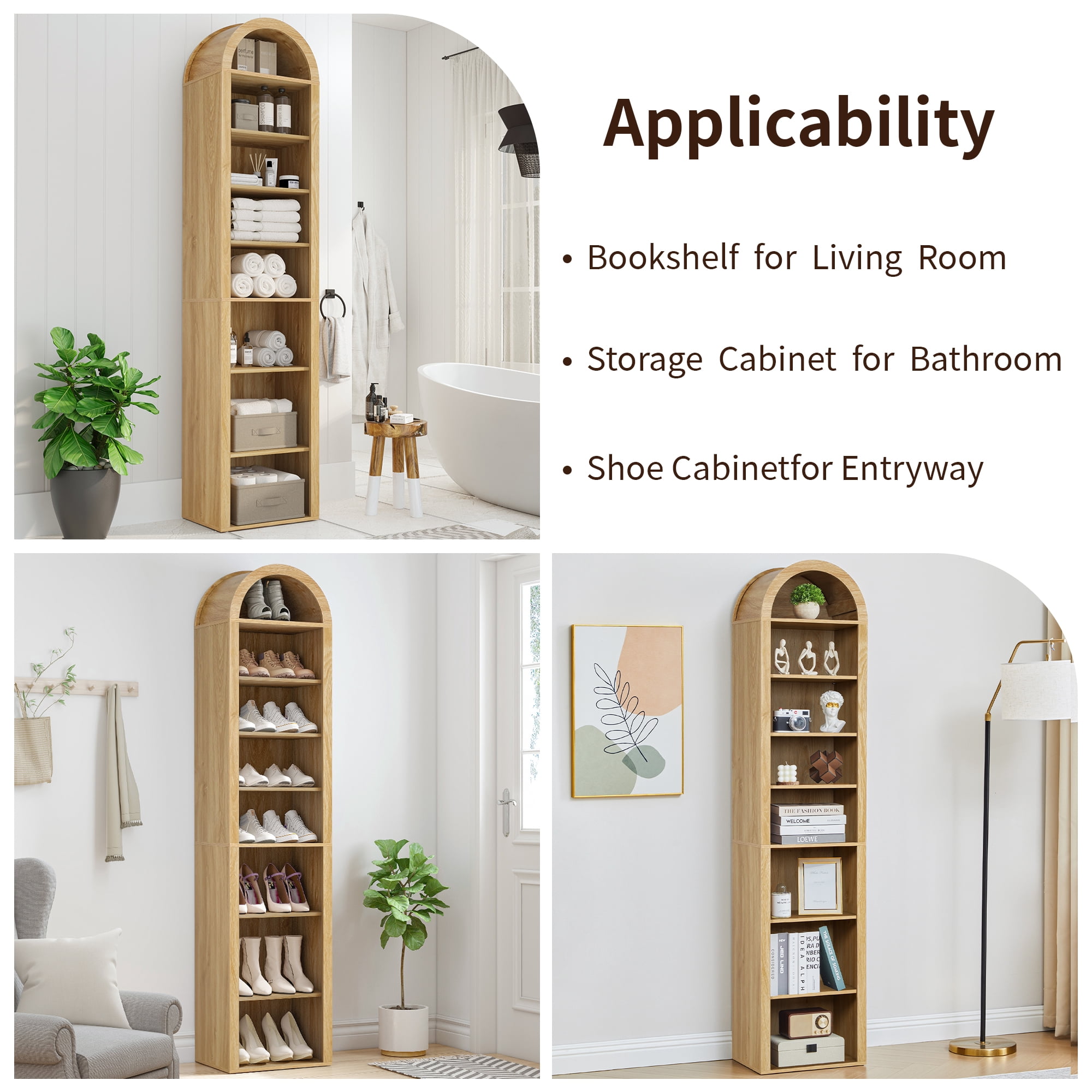 LEFHDA Narrow 8-Tier Arched Bookcase – Oak, 15.7-Inch Wide Open Shelf for Books, Media Storage (CD/DVD), Bathroom, or Entryway