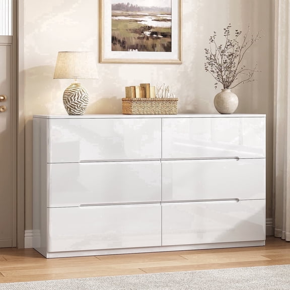 LERANO White Dresser for Bedroom with 6 Drawers, Modern High Gloss Chest of Drawer for Living Room, Hallway
