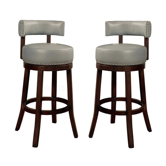 Dark Gray Leatherette Counter Stools Set of 2 with Swivel Base and Solid Wood Legs