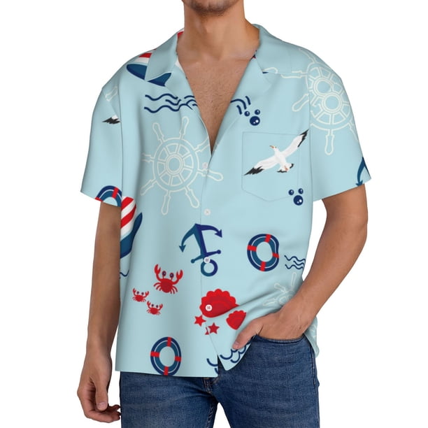 Fotbe Sailboats Anchors Camisa Estampada de Manga Corta para Hombre, Casual de Verano, Estilo Playero, Sin Arrugas-X-Large