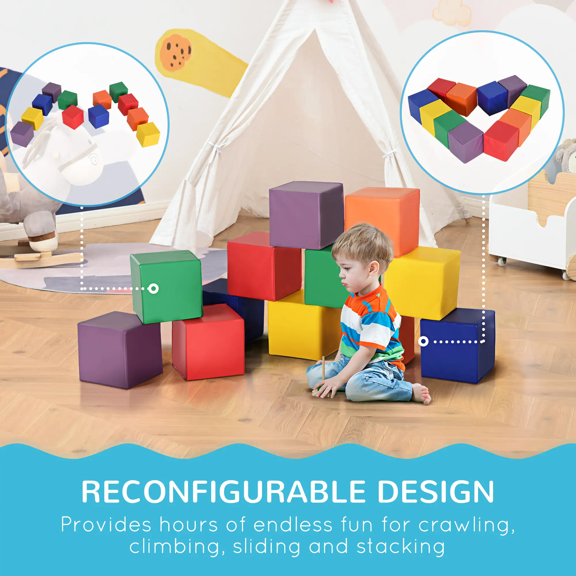 12 Pcs Soft Foam Blocks, 7.75 Inch Multi-Color 3D Play Set, No Assembly Needed, Safe Crawl Climb Toys for Infants Toddlers 12-36 Months for Home School Daycare
