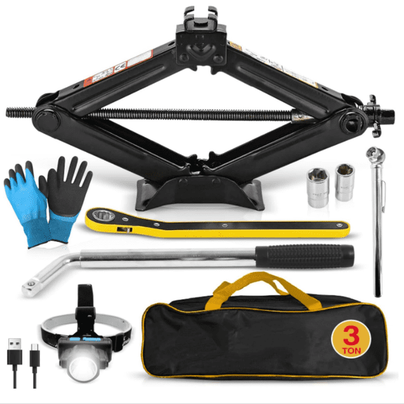Car Jack Kit | Scissor Jack for Car 3 Ton (6,600 lbs) - Tire Jack Tool Kit | Portable, Ideal for SUV and Auto - Universal Kit with Lug Wrench | Heavy Duty Material