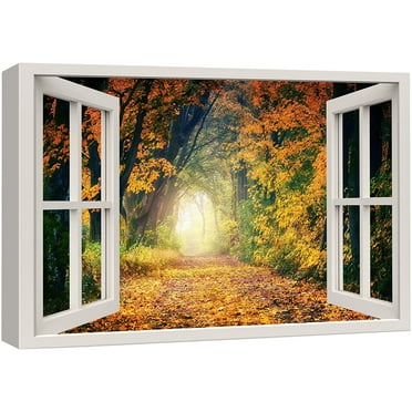 wall26 Canvas Print Wall Art Window View Path Through Autumn Fall Forest Park Wilderness Nature Photography Realism Scenic Landscape Colorful Multicolor for Living Room, Bedroom, Office - 16"x24