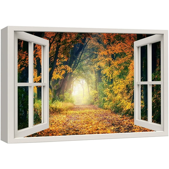 wall26 Canvas Print Wall Art Window View Path Through Autumn Fall Forest Park Wilderness Nature Photography Realism Scenic Landscape Colorful Multicolor for Living Room, Bedroom, Office - 24"x36