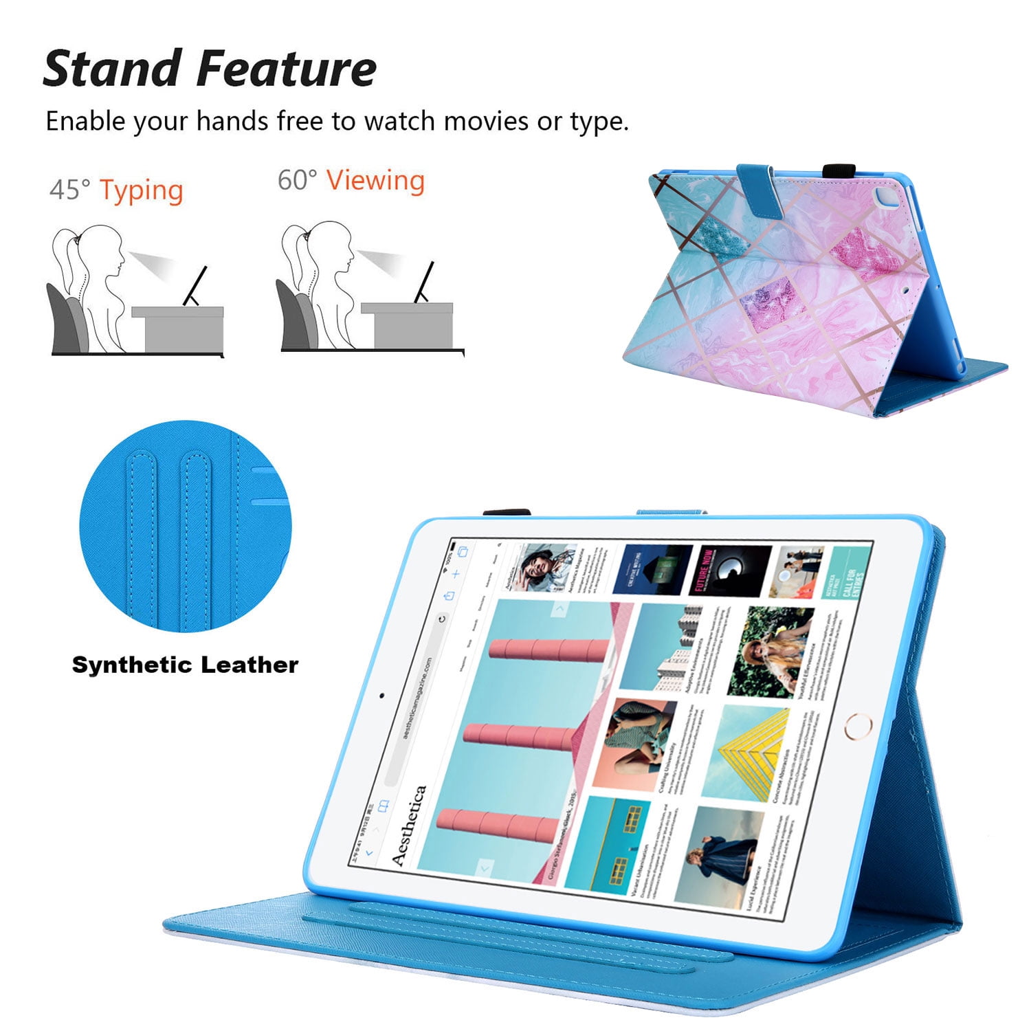 iPad 9.7 6th 5th Case, iPad 9.7 Case with Pencil Holder, Allytech PU Leather Slim Shockproof Auto Sleep Wake Kickstand TPU Back Cover Casef for Apple iPad 9.7 2018/2017, iPad Air 1 2,Pink Green Marble