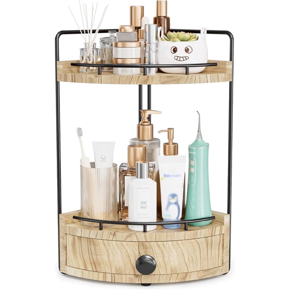 Huaart 2-Tier Corner Bathroom Counter Organizer with Drawer, Wooden Countertop Organizers, for Perfume, Makeup Storage