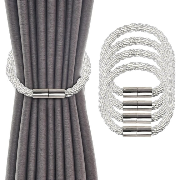 Set of 4 Magnetic Curtain Tiebacks with Thicker Twist Rope, Strong Magnetic Holdbacks for Curtains (Creamy-White)