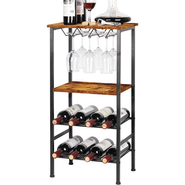 Freestanding Wine Rack with Glass Holder and Wood Storage Shelves