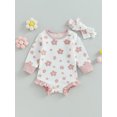thumbnail image 2 of xiaxaixu Baby Girl 2Pcs Fall Outfits Long Sleeve Floral Print Ruffle Romper with Headband Set Infant Clothes, 2 of 8