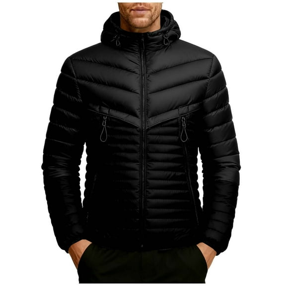 qucoqpe Men's Thermal Long Sleeve Puffer Parkas Down Jacket,Colorblock Patchwork,Fleece Lined,with Detachable Hooded & Zipper Pockets