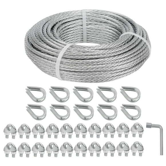 hannger 3/16 Galvanized Wire Rope, 100ft Galvanized Steel Cable 3/16 Inch, 7X7 Strands Core Aircraft Cable with 3/16 Rope Clamps, Thimbles, for Anchored Shed, Clothe