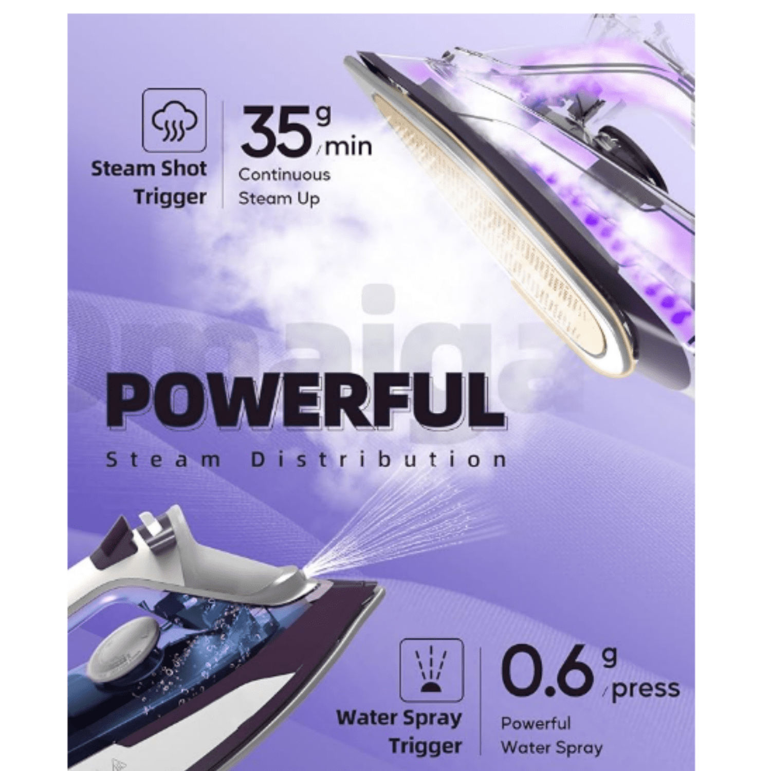 Steam Iron for Clothes - 1750W Iron with Upgrade Double-Layer Ceramic Soleplate, Burst of Steam, 3-Way Auto-Off, Self-Cleaning, Anti-Calc, 13.5oz Water Tank Ironing Clothes for Home, Purple
