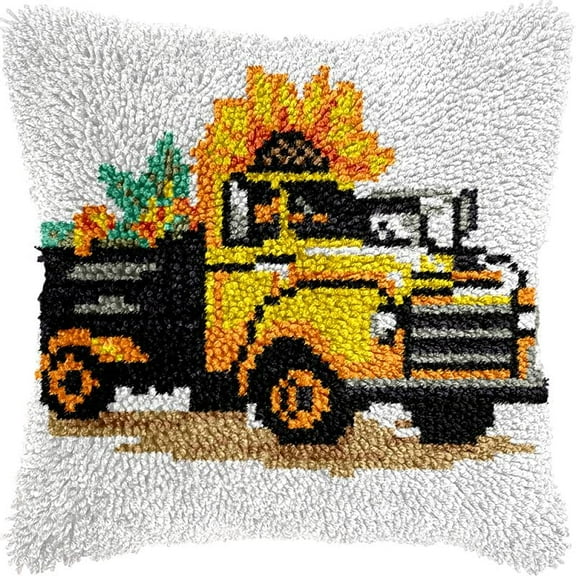 Sunflower Truck Latch Hook Kits Pillow DIY Rug Crochet Hook Cushion Making Kits Printed Pattern Canvas Pillowcase Hooking Kits Pillow Cover Crochet Kits 43x43cm(fs162)
