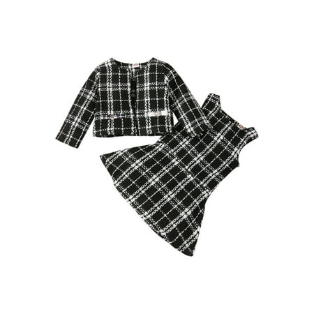

Canrulo Princess Kids Baby Girls 2pcs Clothes Plaids Printed Long Sleeve Jacket Coat Tops+Sleeveless A-Line Dress Set Black White 1-2 Years