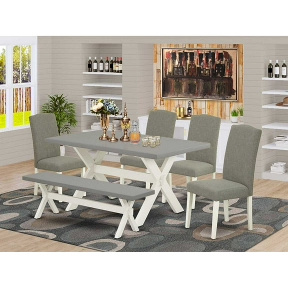 East West Furniture 6-Piece Stylish Rectangular Dining Room Table Set a Superb Cement Color Kitchen Table Top and Cement Color Dining Bench - 4 Wonderful Padded Chairs Around Nail Heads and...