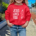 thumbnail image 2 of Hwmodou Girls Sweatshirt "Jesus Loves Me" Crewneck Printed Long Sleeve Fall Winter Simple Athletic Top,3-14Y, 2 of 4