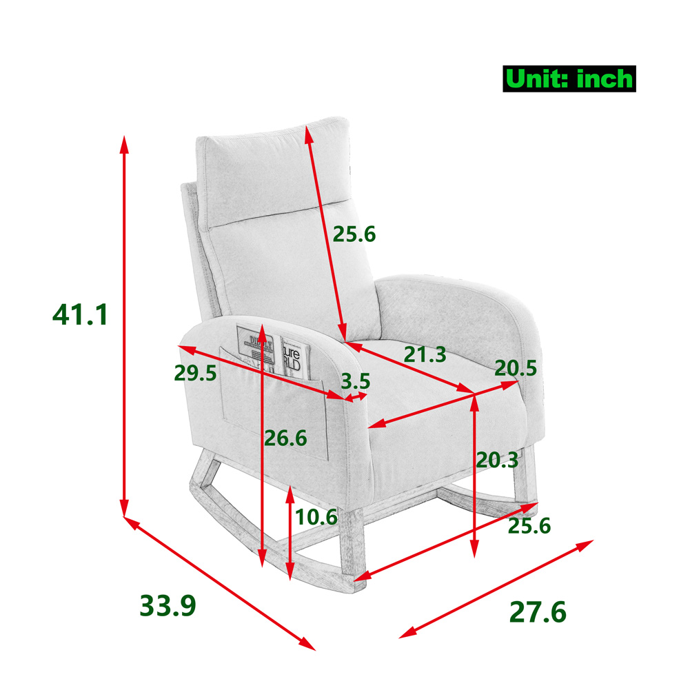 Rugerasy 27.6"W Accent Rocking Chair, Modern Upholstered Rocker Armchair For Nursery, Lounge Chair With 2 Side Pocket, High Backrest, Armrests For Living Room Bedroom
