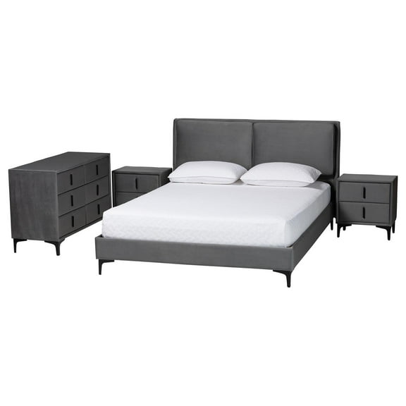 Baxton Studio Etienne Modern Slate Gray Velvet Queen 4-Piece Bedroom Set
