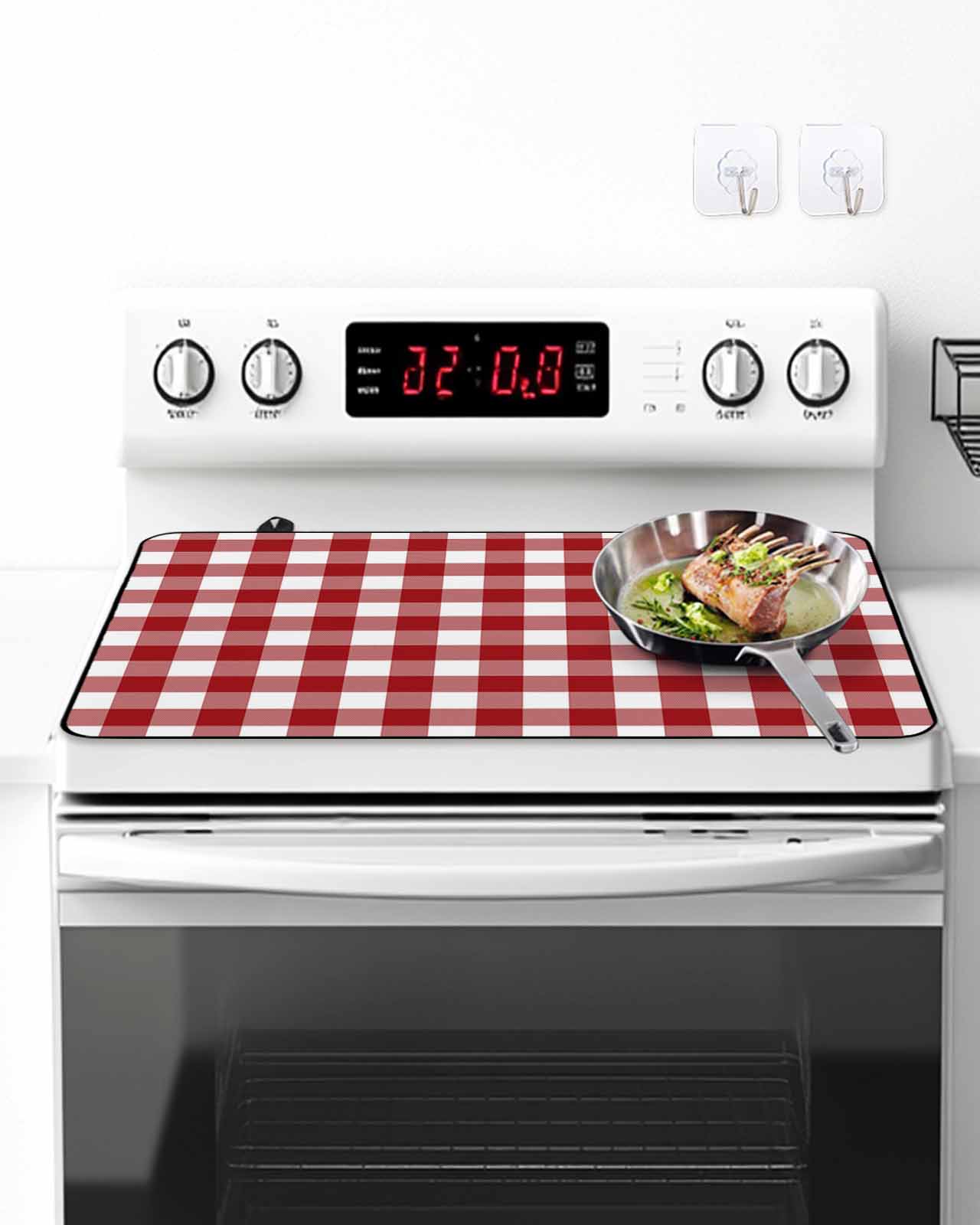 Stove Top Covers for Electric Stove, Farmhouse Buffalo Plaid Glass Stovetop Cover Protector, Red White Checkered Induction Cooktop Protector Oven Mat for Kitchen Countertop 24"x21"