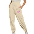 thumbnail image 2 of CFLVAEK Breast Cancer Awareness Cargo Pants for Women Pink Ribbed Print Pants for Cancer Survivor Gifts Casual Drawstring High Waist Running Workout Pants Beige L, 2 of 7