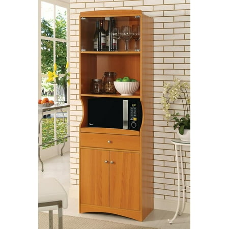 Home Source Olivia Cherry Microwave Stand With Glass Cabinets, 1 Drawer and Lower Double Door