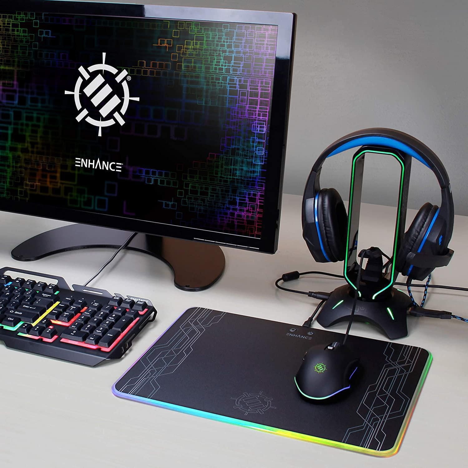ENHANCE Gaming Headset Stand - LED Headphone Hanger with Mouse Bungee and 2 Port USB Hub