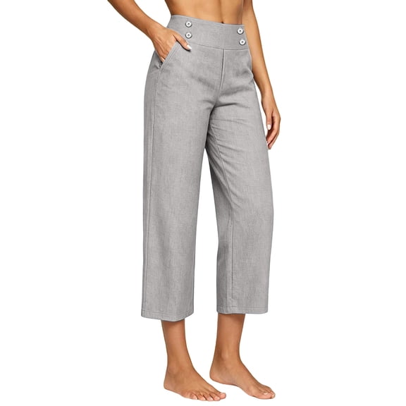 Nhthy Women's High Waist Linen Blend 7/8 Capri Pants, Elastic Waist Button Detail, Loose Comfort Fit Casual Cropped Trousers for Summer Beach Daily Gray XL