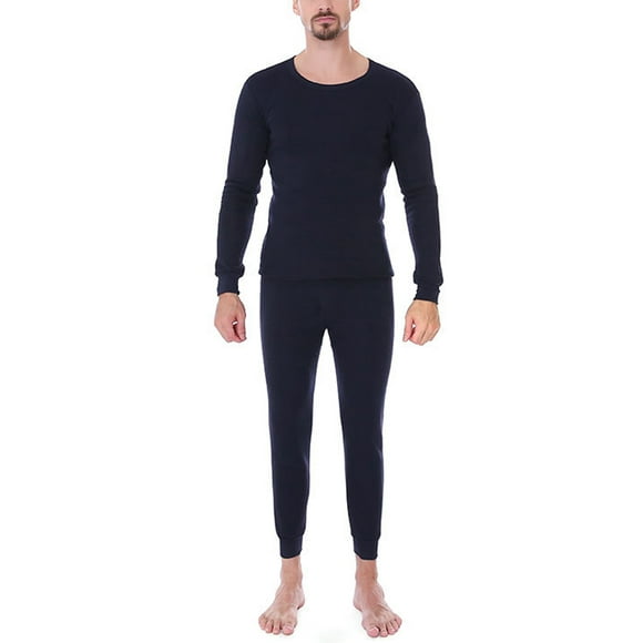 Fashnice Mens Top And Bottom Suits Winter Warm Thermal Underwear Long Sleeve Johns Set Thick Sleeping Navy Blue XL