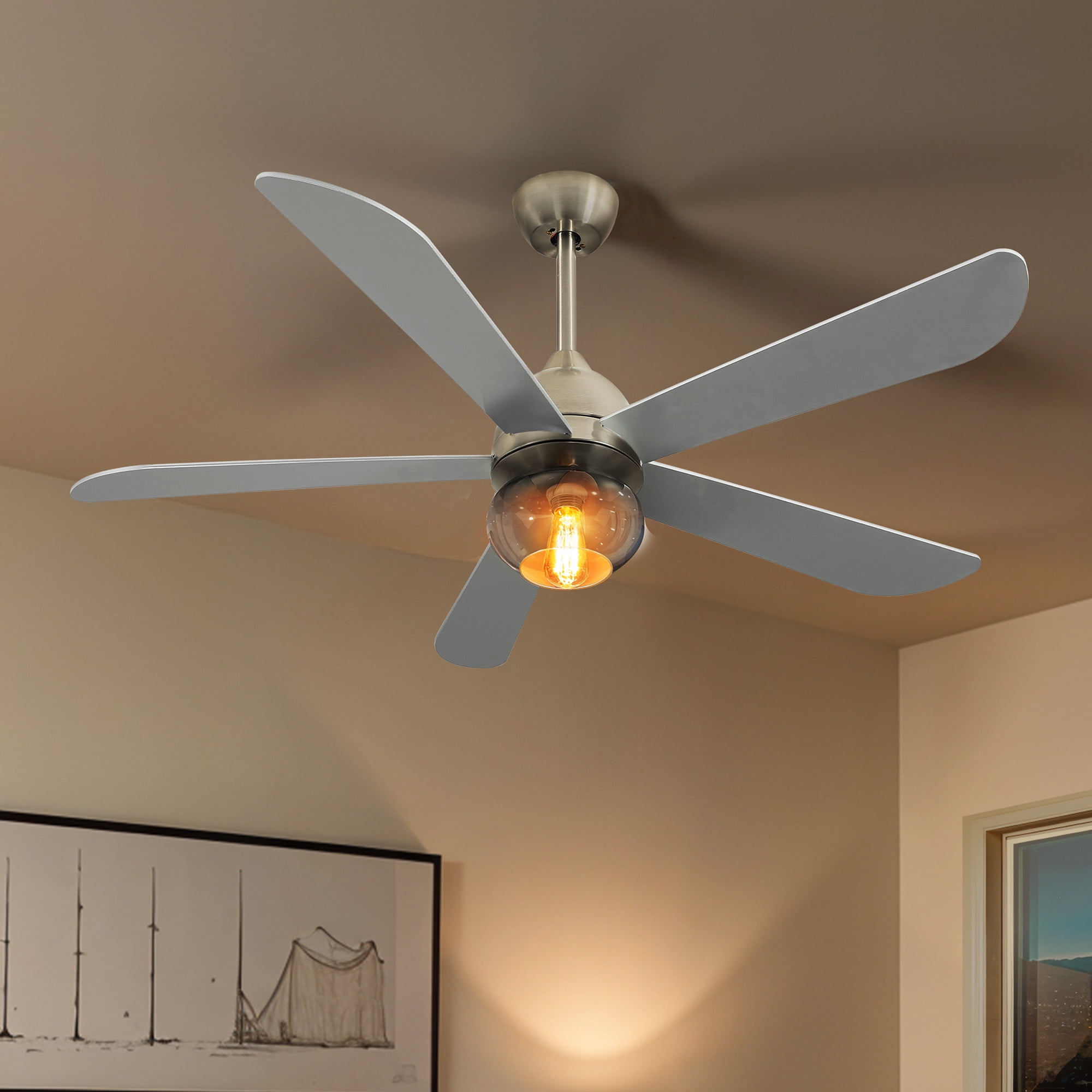 Uforic 52 inch Indoor Ceiling Fan with Light and Remote Control,Quiet 6-Speed Reversible DC Motor, 5 Blades - Silver