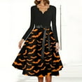 thumbnail image 4 of WTOBBY Women's Flared Halloween Dress Stylish with Bat and Pumpkin Print, V-Neck, Long Sleeves, Hollow Party Design for Casual Retro Fashion Wear ,Black L, 4 of 4