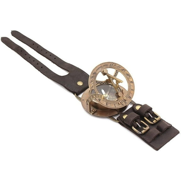 Rii Brand Brass Sundial Wrist Band with Leather Strap Working Compass 2.5"