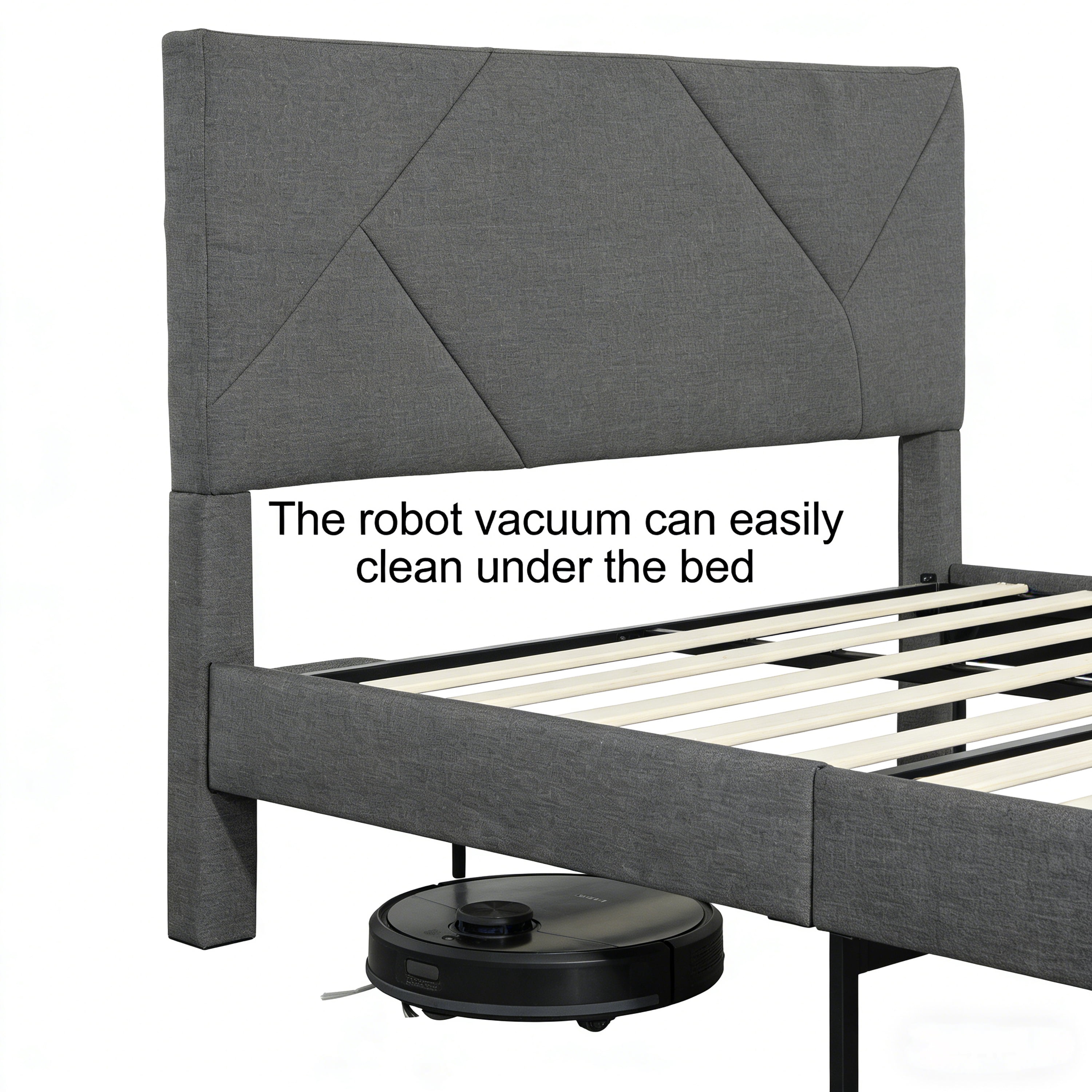 ASINMAK Queen Size Gray Upholstered Platform Bed Frame, Fabric Headboard, Wooden Slats, No Box Spring Needed