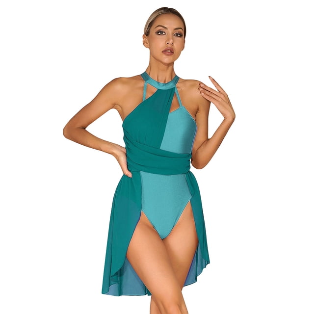 Aislor Robe de Danse Lyrique Sans Manches à Blocs de Couleur Jupe en Chiffon Justaucorps Robe de Danse Contemporaine Verte TG