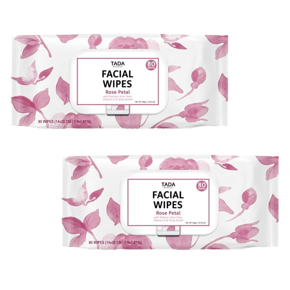 TADA Beauty Lingettes Faciales Démaquillantes Lingettes Nettoyantes pour le Maquillage aux Pétales de Rose Pack de 2 (160ct)