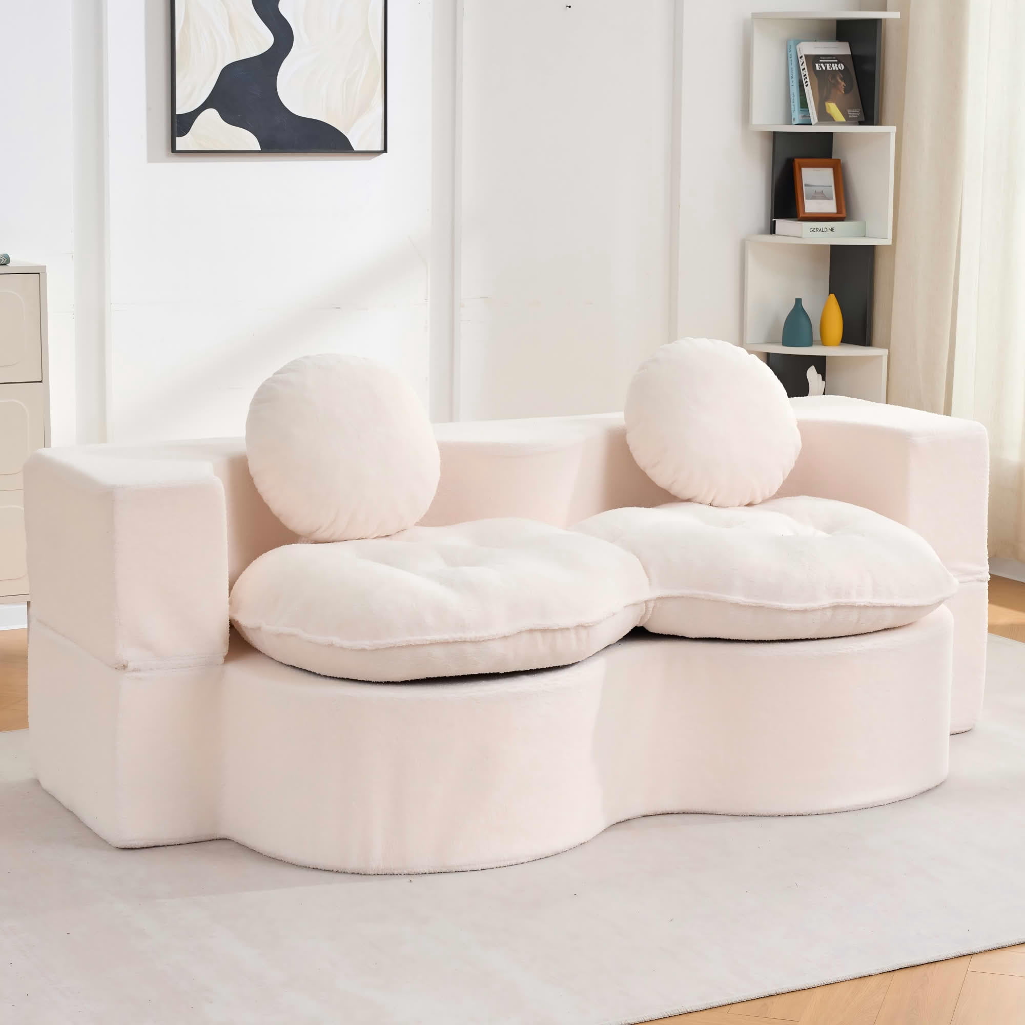MAYEERTY 75" Convertible Corduroy Sleeper Sofa Bed, Beige Foldable High Density Foam Loveseat with 2 Pillows for Living Room Bedroom Apartment