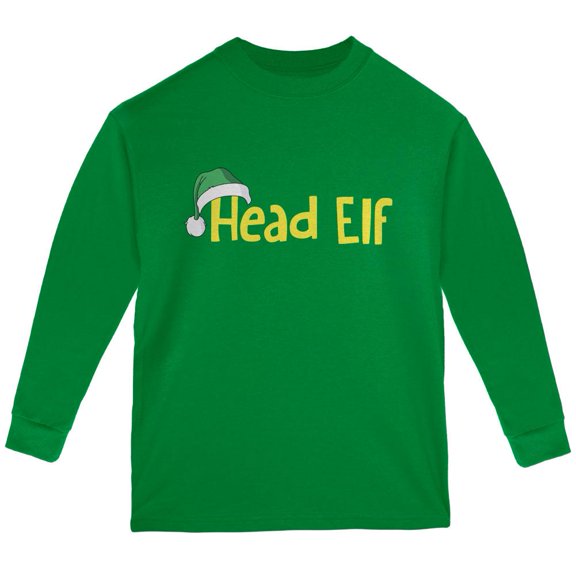 Christmas Head Elf Green Youth Long Sleeve T-Shirt - Youth Medium