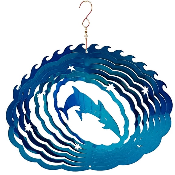 Dundee Deco's Wind Spinner in Gift Box - 3D Hanging Indoor Outdoor Yard Garden Decoration - Mandala - Dolphins, Stars - Blue - 12 inch - Unique Gift Idea For Men Women, Souvenir, Present
