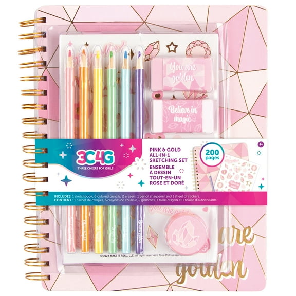 Three Cheers for Girls: Pink & Gold All-in-1 Sketching Set - 200 Page Book, 6 Colored Pencils, 2 Erasers, Sharpener & Sticker Sheet, Tweens & Girls 6 