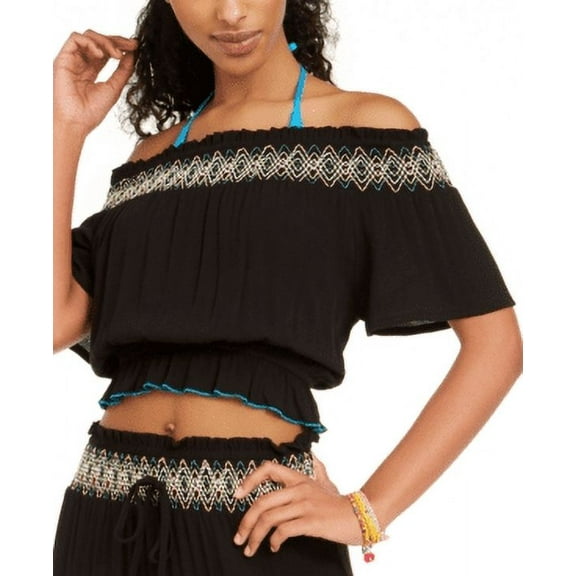 Miken BLACK Juniors' Smocked Off-the-Shoulder Swim Cover-up, US Medium