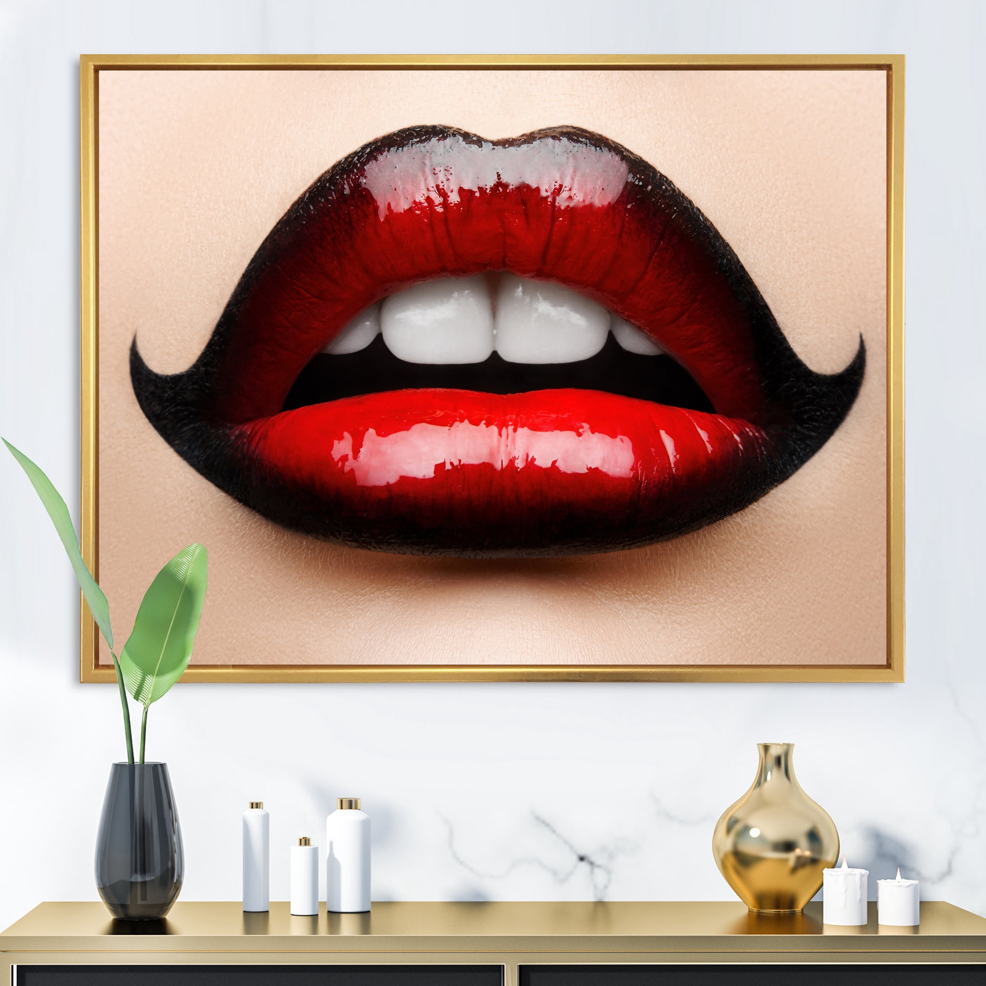 Woman Lips With Red and Black Lipstick 40 in x 30 in Framed Photography Canvas Art Print, by Designart